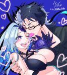  1boy 1girl black_hair blue_hair braid breasts brynhildr_(fate) brynhildr_(swimsuit_berserker)_(fate) brynhildr_(swimsuit_berserker)_(second_ascension)_(fate) cleavage closed_eyes closed_mouth colored_inner_hair fate/grand_order fate/prototype fate/prototype:_fragments_of_blue_and_silver fate_(series) fumizuki_kazuhito gloves hetero highres kiss kissing_cheek large_breasts multicolored_hair multiple_braids one_eye_closed purple_eyes sigurd_(fate) sigurd_(memories_with_my_lover)_(fate) spiked_hair two-tone_hair white_hair 