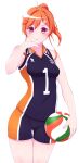  1girl absurdres ball bangs bare_arms cosplay_request cowboy_shot floating_hair haikyuu!! hair_between_eyes hair_ornament hairclip highres holding holding_ball karasuno_volleyball_uniform long_hair looking_at_viewer open_mouth orange_hair original ponytail shiny shiny_hair shiny_skin shirt short_shorts shorts simple_background sleeveless sleeveless_shirt solo sportswear standing sweatdrop thigh_gap volleyball volleyball_uniform wakkuchin20 white_background 