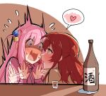  2girls absurdres alcohol blue_eyes blush bocchi_the_rock! chubb cube_hair_ornament drunk gotou_hitori hair_ornament heart highres imminent_kiss kita_ikuyo long_hair looking_at_another multiple_girls open_mouth pink_hair red_hair saliva shiny shiny_hair surprised wavy_mouth yellow_eyes yuri 