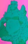  2022 absurd_res anthro biped bonfiredemon capcom digital_media_(artwork) erection fangs garangolm genitals hi_res humanoid_genitalia humanoid_penis male monster_hunter musclegut muscular muscular_anthro muscular_male navel nipples penis pink_background primatius restricted_palette simple_background solo vein veiny_penis video_games 