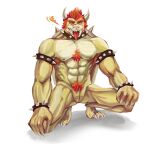  abs anthro bowser collar digital_media_(artwork) hair hi_res male male/male mario_bros muscular nintendo nude puffer_puff simple_background solo spikes video_games 