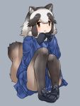  1girl animal_ears black_footwear black_gloves blue_jacket blush bow brown_eyes brown_hair brown_pantyhose extra_ears footwear_bow fur_collar gloves gradient gradient_legwear grey_hair highres jacket kemono_friends knees_to_chest loafers long_sleeves multicolored_hair pantyhose raccoon_ears raccoon_girl raccoon_tail shoes sidelocks sitting solo tail tanuki_(kemono_friends) two-tone_hair uf34a white_fur 