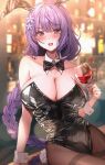  amyu_(amm_asl_pa) animal_ears black_leotard blush breasts cleavage genshin_impact highres large_breasts leotard playboy_bunny purple_eyes purple_hair rabbit_ears raiden_shogun 