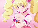  1girl blonde_hair breasts choker cleavage closed_mouth collarbone crossed_arms cure_peach earrings fresh_precure! fuchi_(nightmare) gradient gradient_background hair_ornament heart heart_earrings heart_hair_ornament jewelry large_breasts light_blush long_hair looking_at_viewer magical_girl momozono_love pink_background pink_choker pink_eyes precure puffy_short_sleeves puffy_sleeves short_sleeves smile solo twintails upper_body 