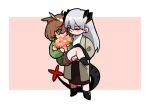 2girls arknights black_footwear black_skirt border bouquet brown_footwear brown_hair brown_shorts carrying chibi coat dragon_girl dragon_tail feather_hair glasses green_sweater grey_hair highres holding holding_bouquet horns multiple_girls one_eye_closed orange_eyes overcoat owl_ears owl_girl pink_background princess_carry rotem_02 saria_(arknights) shorts silence_(arknights) skirt sweater tail turtleneck turtleneck_sweater white_border white_sweater 