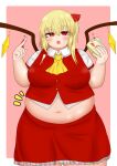  1girl absurdres bangs blonde_hair blush border buttons cake commentary_request cowboy_shot crystal fat flandre_scarlet food food_on_face hair_between_eyes head_tilt highres holding holding_cake holding_food long_hair looking_at_viewer midriff navel notice_lines open_mouth pink_background red_eyes red_skirt short_sleeves simple_background skirt solo straight-on tareme thick_arms thick_thighs thighs touhou we_(bose-f) white_border wing_collar wings 