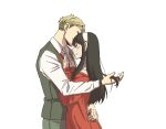  1boy 1girl ayamame bangs bare_shoulders black_hair blonde_hair blush closed_eyes couple earrings green_pants hairband hand_in_another&#039;s_hair hand_on_another&#039;s_chest highres hug husband_and_wife jewelry long_hair long_sleeves pants red_sweater shirt sidelocks smile spy_x_family sweater twilight_(spy_x_family) white_background white_hairband yor_briar 