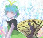  1girl absurdres antennae blue_hair brown_eyes butterfly_wings chisa_yasunaga dress eternity_larva fairy green_dress highres leaf leaf_on_head light_blue_hair multicolored_clothes multicolored_dress parted_lips short_hair short_sleeves solo touhou upper_body wings 