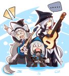  &gt;_&lt; 3girls arknights bangs black_dress black_gloves black_headwear blank_speech_bubble blush chibi closed_mouth dress full_body gladiia_(arknights) gloves grey_hair guitar hair_between_eyes hair_over_one_eye hat holding holding_instrument holding_microphone instrument long_hair long_sleeves looking_at_viewer microphone multiple_girls music omo_(h98013114) open_mouth pointing pointing_up sharp_teeth singing skadi_(arknights) smile specter_(arknights) speech_bubble standing teeth upper_teeth very_long_hair 