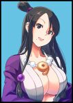  1girl abiko_yuuji ace_attorney black_border black_eyes black_hair blue_background border breasts cleavage closed_mouth hair_ornament half_updo highres japanese_clothes jewelry large_breasts lips long_hair looking_at_viewer magatama magatama_necklace maya_fey mia_fey mole mole_under_mouth necklace phoenix_wright:_ace_attorney_-_trials_and_tribulations simple_background solo 