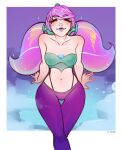 1girl arm_support artist_name bangs bare_arms bare_shoulders blush border breasts closed_eyes closed_mouth collarbone commentary facing_up feet_out_of_frame gwen_(league_of_legends) highres ilwha invisible_chair league_of_legends long_hair medium_breasts multicolored_background navel pink_hair shiyn_hiar sitting solo space_groove_gwen stomach twintails white_border 