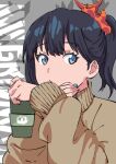  1girl bangs black_hair blue_eyes brown_sweater coffee_cup cup disposable_cup grey_background gridman_universe hand_on_own_cheek hand_on_own_face highres holding holding_cup long_sleeves looking_at_viewer medium_hair orange_scrunchie ponytail removing_earbuds scrunchie sitnon solo ssss.gridman sweater takarada_rikka turtleneck turtleneck_sweater upper_body 