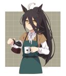  1girl ahoge apron bangs black_hair brown_sweater closed_mouth coffee coffee_cup coffee_pot collared_shirt cup disposable_cup earrings hair_between_eyes holding holding_cup jewelry long_hair long_sleeves looking_at_viewer manhattan_cafe_(umamusume) multicolored_hair nm222hz ponytail shirt single_earring smile solo streaked_hair sweater twitter_username umamusume white_shirt yellow_eyes 