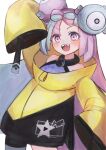  1girl :d arm_up bare_shoulders black_shorts blue_hair bow-shaped_hair coat cowboy_shot eyes_visible_through_hair grey_pantyhose halterneck highres iono_(pokemon) legs_apart light_blue_hair long_hair long_sleeves magnemite magnet multicolored_coat multicolored_eyes multicolored_hair one-eyed open_mouth pantyhose pink_eyes pink_hair pink_pupils pokemon pokemon_(creature) pokemon_(game) pokemon_sv purple_eyes screw sharp_teeth shorts simple_background smile star_(symbol) star_print syaron_(syaron_dama) teeth two-tone_coat two-tone_hair very_long_hair white_background wide_sleeves yellow_coat yellow_eyes 