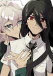  2boys bangs breast_pocket brown_hair collared_shirt cosplay danganronpa_(series) danganronpa_2:_goodbye_despair green_necktie grey_hair grey_shirt hair_between_eyes hakumai_(mgmg_okomee) highres hinata_hajime hinata_hajime_(cosplay) komaeda_nagito long_hair long_sleeves male_focus messy_hair multiple_boys necktie pocket red_eyes shiny shiny_hair shirt short_sleeves upper_body 