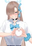 1girl agape_il asuna_(blue_archive) black_choker blue_archive blue_bow blue_bowtie blue_bra blue_ribbon blue_scrunchie blush bow bowtie bra bra_peek breasts brown_hair choker collared_shirt commentary dress_shirt grin hair_over_one_eye hair_ribbon halo heart heart-shaped_boob_challenge heart_hands highres large_breasts long_hair looking_at_viewer one_eye_covered ribbon scrunchie shirt shirt_tucked_in simple_background smile solo underwear upper_body very_long_hair white_background wrist_scrunchie 