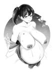  1girl absurdres barcode barcode_tattoo big_belly breast_tattoo breasts collarbone dark_nipples hentai_rat highres huge_breasts kaga_(kancolle) kantai_collection lactation long_hair nipples pregnant short_sidetail side_ponytail solo spot_color tattoo 