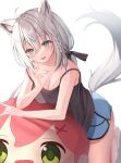  1girl absurdres ahoge animal_ear_fluff animal_ears bangs black_bow black_camisole blue_shorts blush bow braid breasts camisole cleavage commentary_request fox_ears fox_girl fox_shadow_puppet fox_tail green_eyes hair_between_eyes hair_bow highres hololive iruka3 kneeling leaning_on_object long_hair looking_at_viewer open_mouth sakura_miko shirakami_fubuki shorts sidelocks simple_background single_braid small_breasts solo tail virtual_youtuber white_background white_hair 