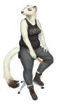  anthro boots bottomwear cettus clothing drumstick_(musical) female footwear fur furniture hi_res holding_object mammal maren_sommer mustela mustelid musteline pants shirt simple_background sitting slightly_chubby solo stoat stool tank_top topwear true_musteline white_background white_body white_fur 