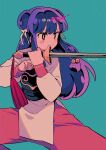  1girl bell blush_stickers chinese_clothes closed_mouth hair_bell hair_between_eyes hair_ornament highres holding holding_sword holding_weapon menma_(enaic31) purple_hair ranma_1/2 shampoo_(ranma_1/2) simple_background solo sword twitter_username weapon 