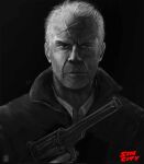  1boy black_background black_coat bruce_willis coat collared_shirt copyright_name cross_scar dark_background detective dress_shirt english_commentary english_text expressionless facial_hair finger_on_trigger grey_hair greyscale gun handgun high_collar highres holding holding_gun holding_weapon john_hartigan logo looking_at_viewer mature_male monochrome old partially_colored police portrait revolver scar scar_on_face scar_on_forehead shirt short_hair sin_city solo spot_color thesadpencil trench_coat upper_body watermark weapon wrinkled_skin x 