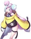  1girl :d bare_shoulders black_coat blue_hair bow-shaped_hair braid breasts coat eyes_visible_through_hair grey_thighhighs halterneck hexagon_print iono_(pokemon) legs_apart light_blue_hair long_hair long_sleeves low-tied_long_hair magnemite magnet multicolored_coat multicolored_eyes multicolored_hair murata_denji one-eyed open_mouth pink_eyes pink_hair pokemon pokemon_(creature) pokemon_(game) pokemon_sv purple_eyes screw sharp_teeth simple_background single_thighhigh sleeves_past_fingers sleeves_past_wrists small_breasts smile standing star_(symbol) star_print teeth thigh_strap thighhighs two-tone_coat two-tone_hair v-shaped_eyebrows very_long_hair white_background yellow_coat yellow_eyes zettai_ryouiki 