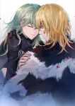  1boy 1girl artist_name black_gloves blonde_hair blood blood_on_face blue_eyes byleth_(fire_emblem) byleth_(fire_emblem)_(female) cloak closed_eyes closed_mouth dimitri_alexandre_blaiddyd eyepatch fire_emblem fire_emblem:_three_houses fur_cloak gloves grey_hair hair_between_eyes half-closed_eyes hand_in_another&#039;s_hair hand_on_another&#039;s_shoulder highres injury long_hair looking_at_another medium_hair ningyo upper_body white_background 