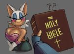  anthro armwear bible big_breasts blush blush_stickers bodysuit book breasts chiropteran cleavage clothed clothing duo elbow_gloves eyes_closed eyeshadow fangs female fur gloves handwear holding_book holding_object huge_breasts human makeup mammal question_mark rouge_the_bat sega skinsuit smile sonic_the_hedgehog_(series) tail_motion tailwag tan_body tan_fur tight_clothing topaz_(sonic) vapolygon white_armwear white_body white_clothing white_elbow_gloves white_fur white_gloves white_handwear 
