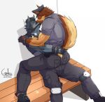  2022 anthro anthro_on_anthro artist_name beard bench black_hair bottomwear brown_body brown_fur bulge butt canid canine canis chief_gilbert clothed clothing digital_media_(artwork) domestic_dog duo eyes_closed facial_hair footwear fully_clothed fur german_shepherd grey_body grey_fur hair herding_dog hi_res kissing knee_pads male male/male mammal pants pastoral_dog police police_officer police_uniform recht_(chief_gilbert) shirt shoes signature simple_background sitting sitting_on_another tail_grab tight_bottomwear tight_clothing tight_pants topwear uniform white_background wolf 