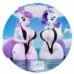  16:9 3d_(artwork) anthro big_breasts big_butt breasts butt clothed clothing digital_media_(artwork) duo female female/female friendship_is_magic hasbro huge_breasts huge_butt my_little_pony rarity_(mlp) smile suri_polomare_(mlp) swimwear symm water wide_hips widescreen 