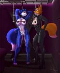  5_toes anthro blue_body blue_fur blue_hair blue_nose boots bound breasts canid canine clothing collar diane_foxington digital_media_(artwork) dreamworks duo eyebrow_piercing facial_piercing feet female female/female fluffy fluffy_tail footwear fox fur hair hands_behind_head hi_res inner_ear_fluff krystal latex mammal markings nintendo orange_body orange_fur piercing pink_nose rope shutnyara signature smile standing star_fox tattoo the_bad_guys toes tuft video_games whip white_body white_fur white_markings 