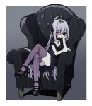  1girl ahoge armchair black_dress black_footwear black_ribbon border chair choker cross cross_choker crossed_legs dress eyepatch gothic grey_hair hair_between_eyes hair_ribbon head_rest high_heels highres long_hair looking_at_viewer mearylis_(yamanasi_mikage) original pale_skin red_eyes ribbon short_sleeves sitting smile solo striped striped_thighhighs thighhighs vertical-striped_thighhighs vertical_stripes very_long_hair white_border yamanasi_mikage 