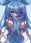  1girl absurdres artist_name blue_background blue_eyes blue_hair blush commentary craymer elira_pendora hair_focus hair_over_one_eye highres holding holding_hair long_hair looking_at_viewer mole nijisanji nijisanji_en off_shoulder one_eye_covered portrait smile solo sweater symbol-only_commentary virtual_youtuber white_sweater 