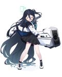  1girl absurdly_long_hair beko_(beco_1122) blue_archive blue_hair blush closed_eyes commentary_request dark_blue_hair halo headband highres jacket long_hair necktie railgun school_uniform shoes simple_background solo standing very_long_hair white_background 