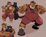  2022 anthro belly big_belly black_body dippubear duo embrace felid hi_res hug hugging_from_behind humanoid_hands male mammal moobs nipples overweight overweight_male pantherine pink_nose tiger wrestling wrestling_singlet 