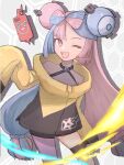  1girl ;d bare_shoulders black_coat black_pants blue_hair bow-shaped_hair braid coat cowboy_shot halterneck hexagon_print highres honeycomb_(pattern) honeycomb_background iono_(pokemon) legs_apart light_blue_hair long_hair long_sleeves looking_at_viewer low-tied_long_hair magnemite magnet multicolored_coat multicolored_hair one-eyed one_eye_closed open_mouth pants pantyhose pink_hair pokemon pokemon_(creature) pokemon_(game) pokemon_sv purple_pantyhose rotom rotom_phone screw sharp_teeth shiina_(shi_na073) silhouette single_leg_pantyhose skindentation sleeves_past_fingers sleeves_past_wrists smile standing star_(symbol) star_print teeth thigh_strap two-tone_coat two-tone_hair very_long_hair yellow_coat 