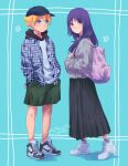  1boy 1girl ariamikukanzaki backpack bag blonde_hair blue_background boruto:_naruto_next_generations couple facial_mark hand_in_pocket hat highres holding holding_bag jacket kakei_sumire long_hair long_skirt looking_at_viewer looking_to_the_side naruto_(series) pink_bag purple_eyes purple_hair shirt short_hair shorts skirt t-shirt uzumaki_boruto 