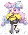  1girl :d black_coat blue_hair bow-shaped_hair braid chibi coat full_body grey_footwear grey_pantyhose halterneck highres honeycomb_(pattern) honeycomb_background iono_(pokemon) legs_apart light_blue_hair long_hair long_sleeves looking_at_viewer low-tied_long_hair magnemite magnet multicolored_coat multicolored_eyes multicolored_hair no_nose one-eyed open_mouth outline pantyhose pink_eyes pink_hair pokemon pokemon_(creature) pokemon_(game) pokemon_sv purple_eyes rudo_(rudo_hmzn) screw sharp_teeth single_leg_pantyhose sleeves_past_fingers sleeves_past_wrists smile star_(symbol) star_print teeth thigh_strap two-tone_coat two-tone_hair v-shaped_eyebrows very_long_hair white_outline yellow_coat yellow_eyes 