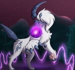  absol absurd_res claws digital_nova female feral fluffy fur generation_3_pokemon hi_res horn jewelry necklace nintendo pokemon pokemon_(species) red_eyes scar shadow_ball solo styx_(nyxcha) video_games white_body white_fur 