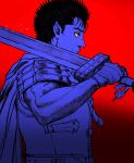  1boy armor bandaged_hand bandages berserk black_hair closed_mouth commentary_request from_side greatsword guts_(berserk) highres holding holding_sword holding_weapon huge_weapon limited_palette looking_to_the_side male_focus nisino2222 over_shoulder red_background scar scar_on_face scar_on_nose short_hair shoulder_armor simple_background solo spiked_hair sword sword_over_shoulder weapon weapon_over_shoulder 