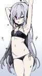  1girl armpits arms_up bikini black_bikini black_ribbon breasts choker cowboy_shot cross cross-laced_bikini cross-laced_clothes cross_choker gradient gradient_background grey_hair hair_between_eyes hair_ribbon highres long_hair looking_at_viewer mearylis_(yamanasi_mikage) one_eye_closed original pale_skin parted_lips red_eyes ribbon side-tie_bikini_bottom sketch small_breasts solo stretching swimsuit very_long_hair yamanasi_mikage 