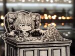  1girl animal_ears ayunda_risu blurry bokeh chair cosplay depth_of_field empty_eyes food food_on_face highres hololive hololive_indonesia jqhnharqld monochrome nut_(food) paper_child papercraft_(medium) parody photo_(medium) scarface sitting solo squirrel_ears squirrel_girl table tony_montana tony_montana_(cosplay) unconventional_media 