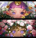  1boy 1girl bangs bird blonde_hair blue_flower close-up fang field flower flower_field hair_between_eyes hat highres link looking_at_another looking_at_viewer mob_cap octahooves open_mouth outdoors parted_bangs pink_flower pink_rose pointy_ears princess_zelda purple_eyes rose smile sparkle the_legend_of_zelda the_legend_of_zelda:_ocarina_of_time wet white_flower yellow_flower 