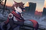  building canid canine canis city city_background cityscape cloud cloudscape domestic_cat domestic_dog felid feline felis fog gear_(foxgear) husky male mammal morning nordic_sled_dog scarf sky solo spitz takomishadow 