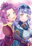  2girls :d bernadetta_von_varley blue_dress blue_hair blush breasts brooch cut_bangs dress fire_emblem fire_emblem:_three_houses fire_emblem_warriors:_three_hopes frilled_sleeves frills gloves hair_tie hug hug_from_behind jewelry lace-trimmed_hairband lace_trim large_breasts leather leather_gloves lips looking_at_viewer marianne_von_edmund multiple_girls open_mouth purple_dress purple_eyes purple_hair red_eyes rein_rise smile topknot 