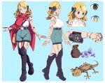  1girl absurdres bag belt blonde_hair boots breasts commission garter_straps gears green_eyes handbag headphones high-waist_shorts highres joints knee_boots large_breasts lizard mefomefo original pouch robot robot_joints short_shorts shorts smile solo stone striped striped_background 