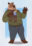  2022 absurd_res anthro bottomwear brown_body capybara cariboops caviid clothing eyes_closed eyewear glasses hi_res humanoid_hands male mammal mature_male mug overweight overweight_male pants rodent scarf solo sweater topwear 
