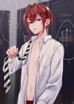  1boy antenna_hair grey_eyes hair_between_eyes heart_antenna_hair highres male_focus male_underwear navel necktie open_clothes open_shirt pants red_hair red_pants riddle_rosehearts shirt short_hair solo striped_necktie translation_request twisted_wonderland underwear white_shirt yu_ki_koo 