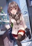  1girl :d bangs black_footwear black_gloves black_thighhighs boots brick_wall brown_coat brown_eyes brown_hair brown_scarf christmas christmas_ornaments christmas_tree coat commentary_request door doorway flower gloves hair_between_eyes hair_flower hair_ornament jacket long_hair miniskirt miyase_mahiro original plaid plaid_scarf pleated_skirt red_skirt removing_shoes scarf sidelocks skirt smile snowman solo thighhighs umbrella watermark winter_clothes winter_coat 