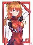  1girl absurdres bangs bident black_bodysuit blue_eyes bodysuit breasts covered_navel evangelion:_3.0_you_can_(not)_redo hair_between_eyes hand_in_hair highres junkt729 long_hair looking_at_viewer neon_genesis_evangelion orange_hair pilot_suit plugsuit rebuild_of_evangelion red_bodysuit small_breasts soryu_asuka_langley 